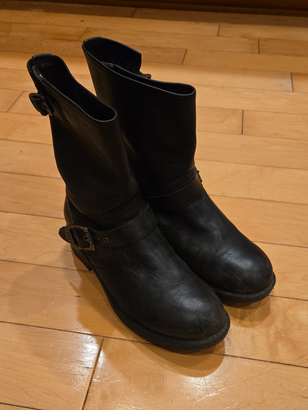 Frye 'Veronica' Black Leather Mid-Calf Buckle Moto Boots